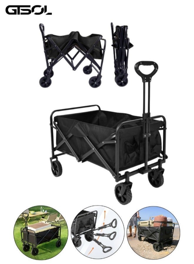 Heavy-Duty Foldable Shopping Cart – 100KG Capacity Utility Wagon with 360° Wheels, Adjustable Handle, Waterproof Fabric – Portable Trolley for Grocery, Beach, Camping, Garden – Black
